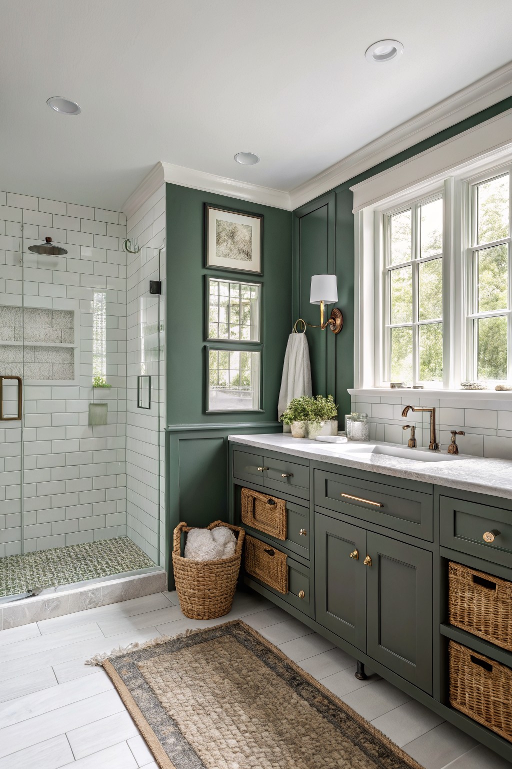 Modern bathroom with green cabinets, marble sink, white tile shower, and woven baskets.