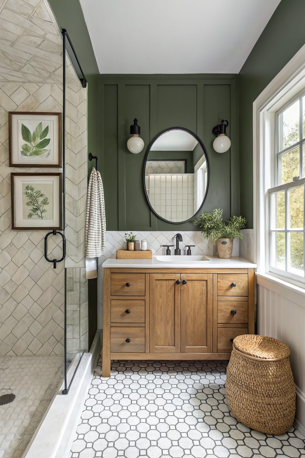 Modern bathroom with green walls, wooden vanity, round mirror, and tiled shower.