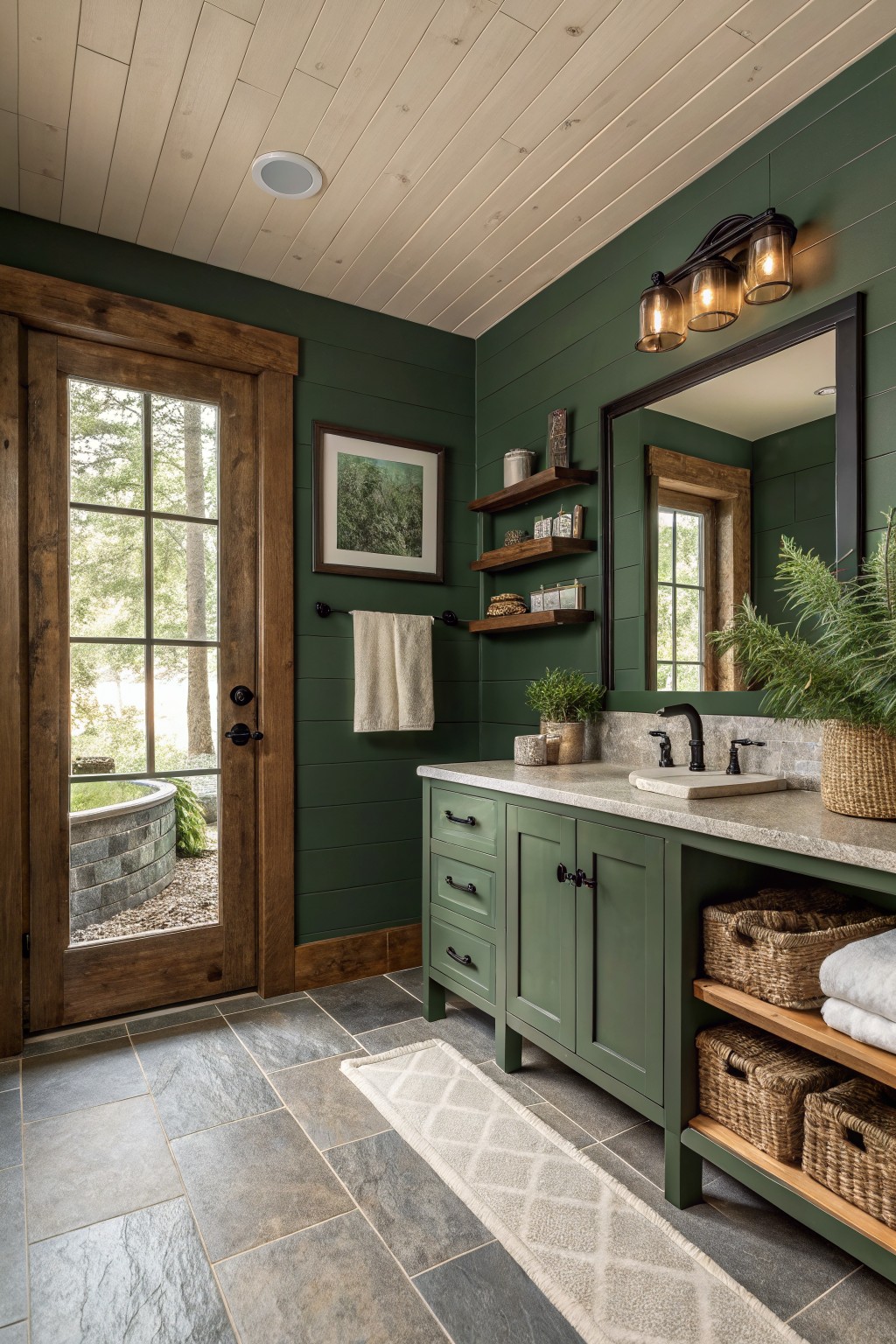 Dark green walls in a bathroom with wood cabinetry and stone countertop.