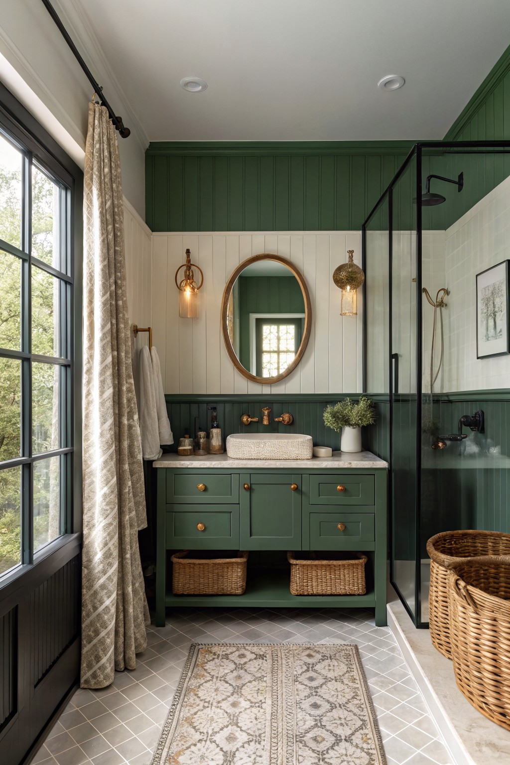 Dark green walls in a bathroom with white wainscoting and a marble vanity.