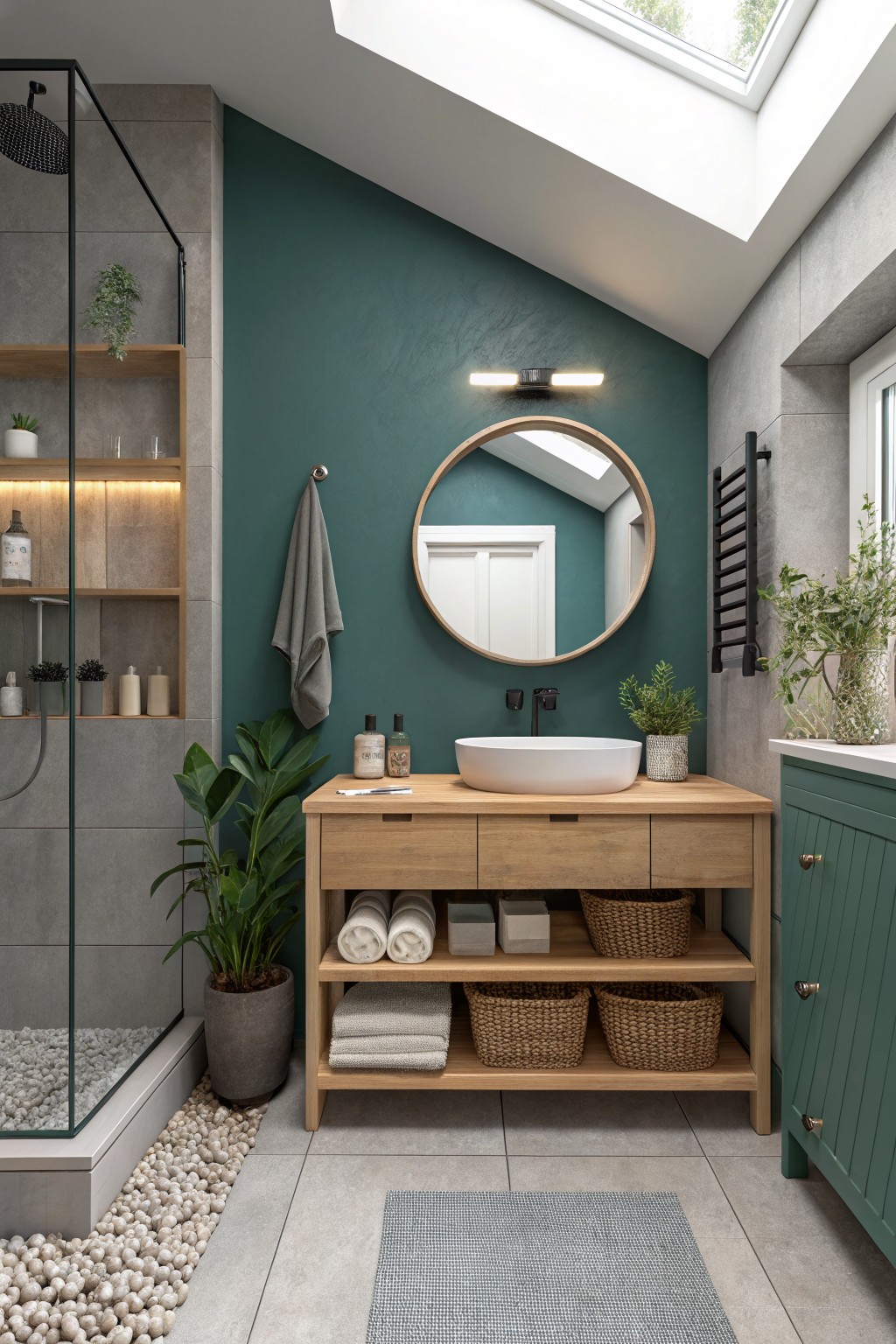 Modern bathroom with teal wall, round mirror, wooden vanity, glass shower, and skylight.