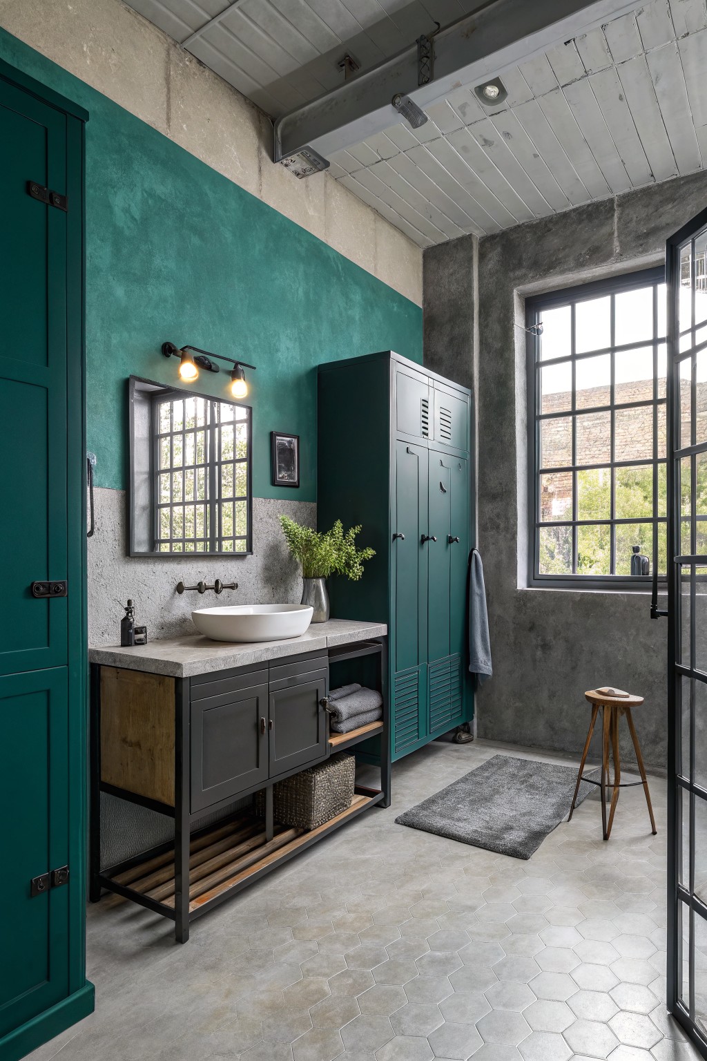 A bathroom with deep teal green walls and matching cabinets.