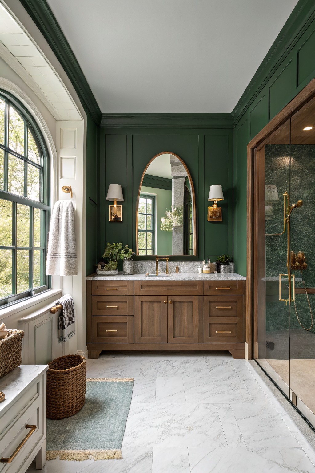 Bathroom walls painted in a deep forest green with white trim and wood cabinetry.