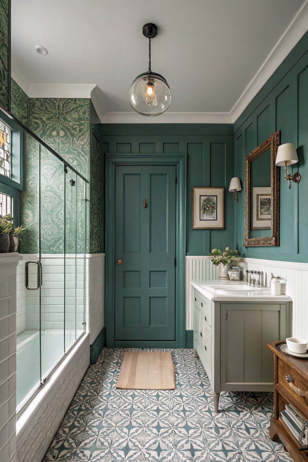Bathroom walls painted in a deep teal green with white trim and patterned floor tiles.