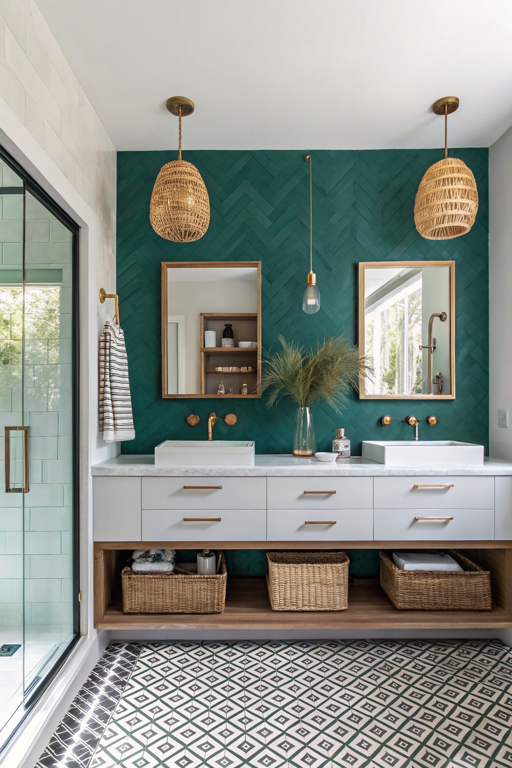 Modern double-sink vanity with green herringbone wall, woven pendants, and open basket storage.
