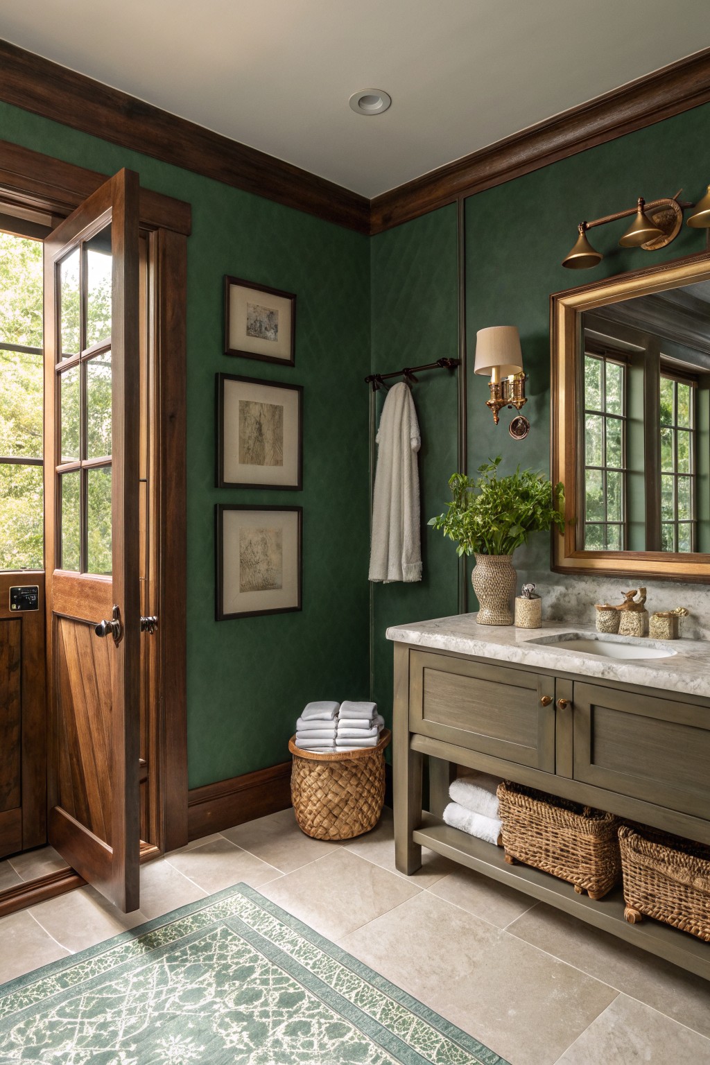 A bathroom featuring deep green walls with dark wood trim.