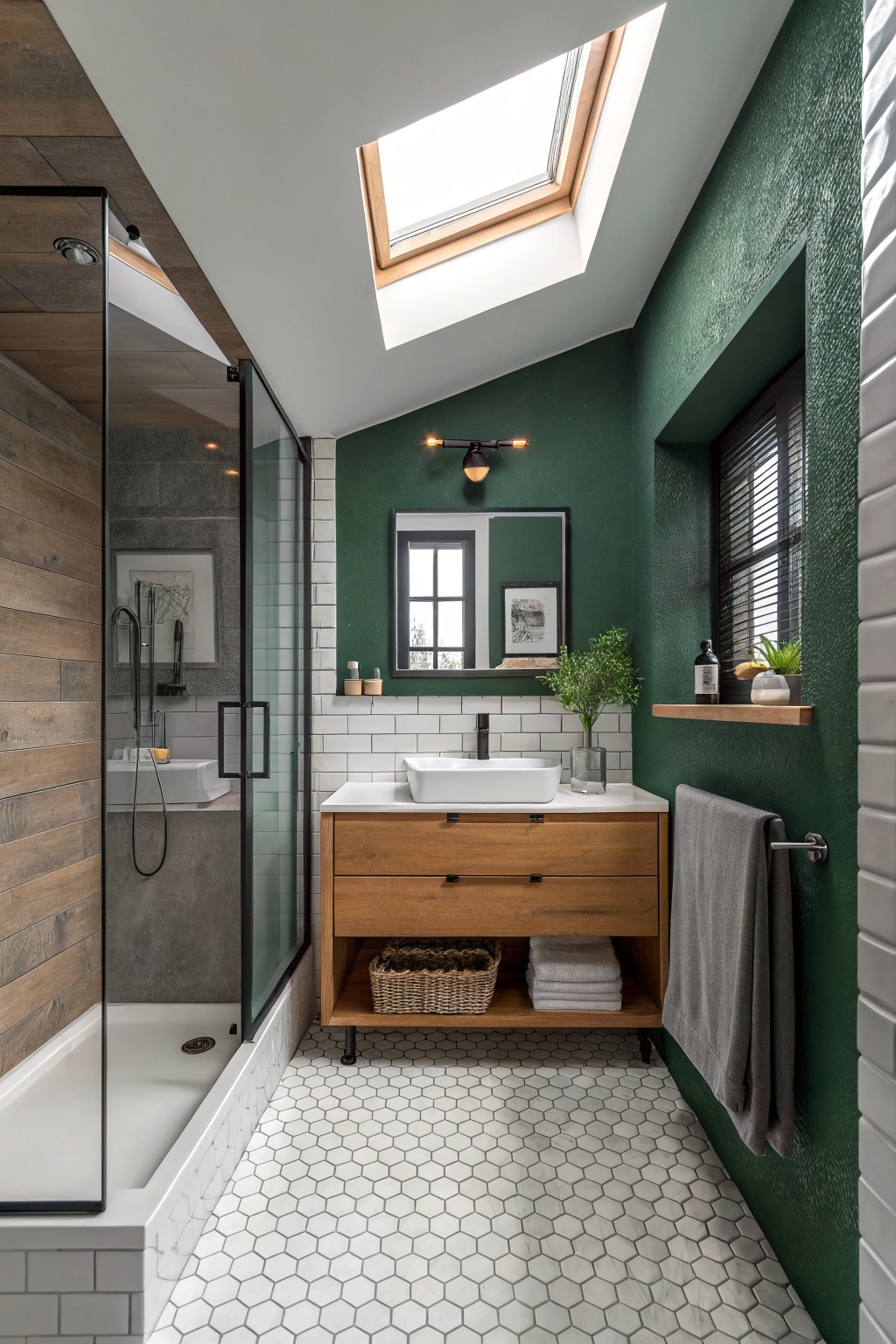 A bathroom featuring deep green walls with a wooden vanity and white tile.