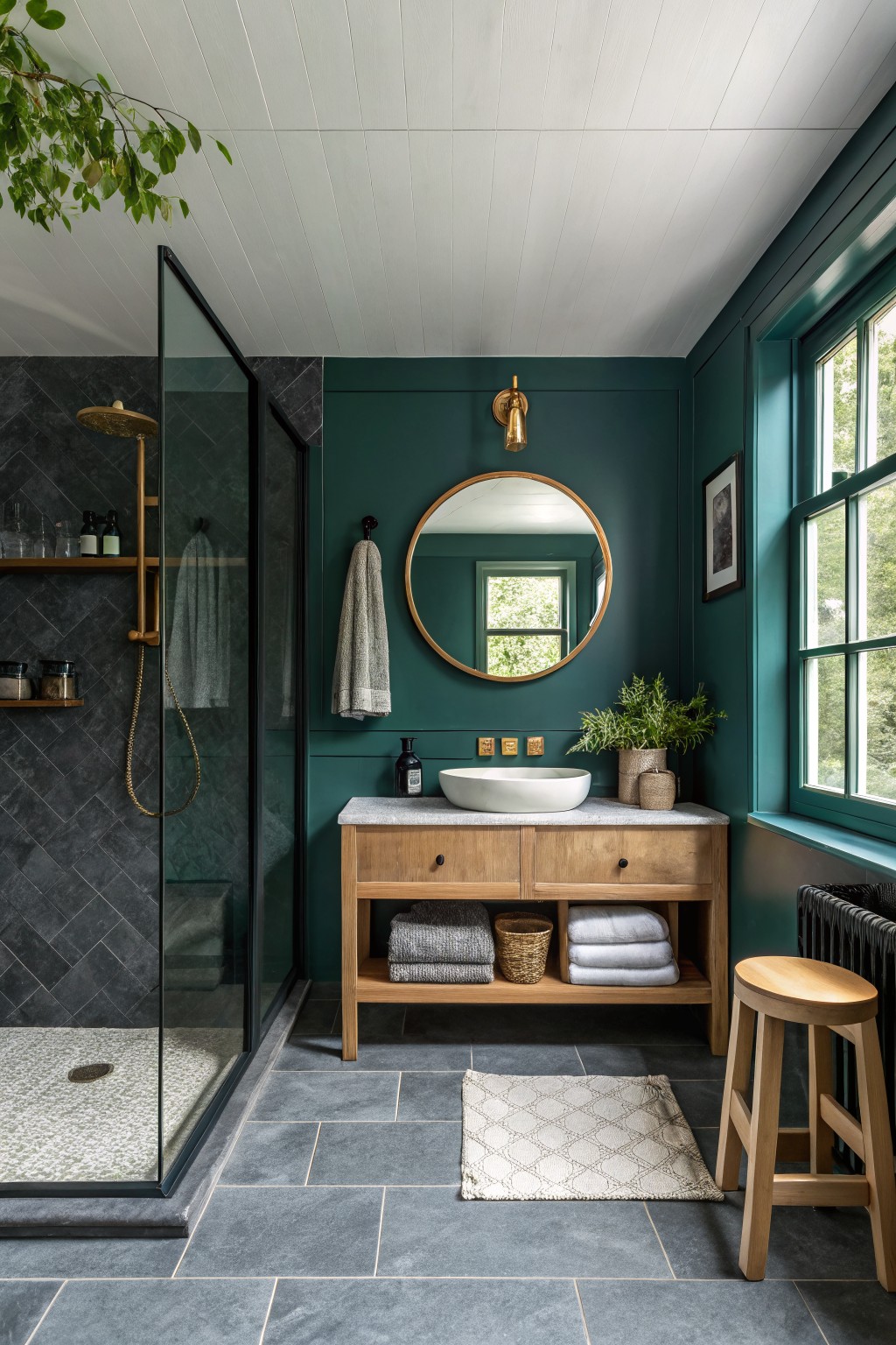 A bathroom with deep teal green walls and a wood vanity.