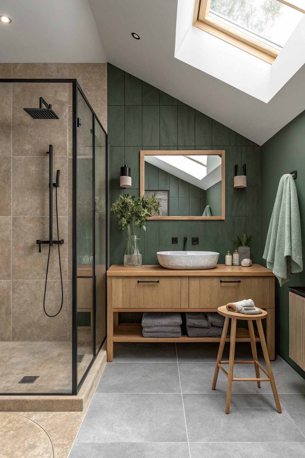 Modern bathroom with green tiled walls, wooden vanity, marble sink, skylight and glass shower.