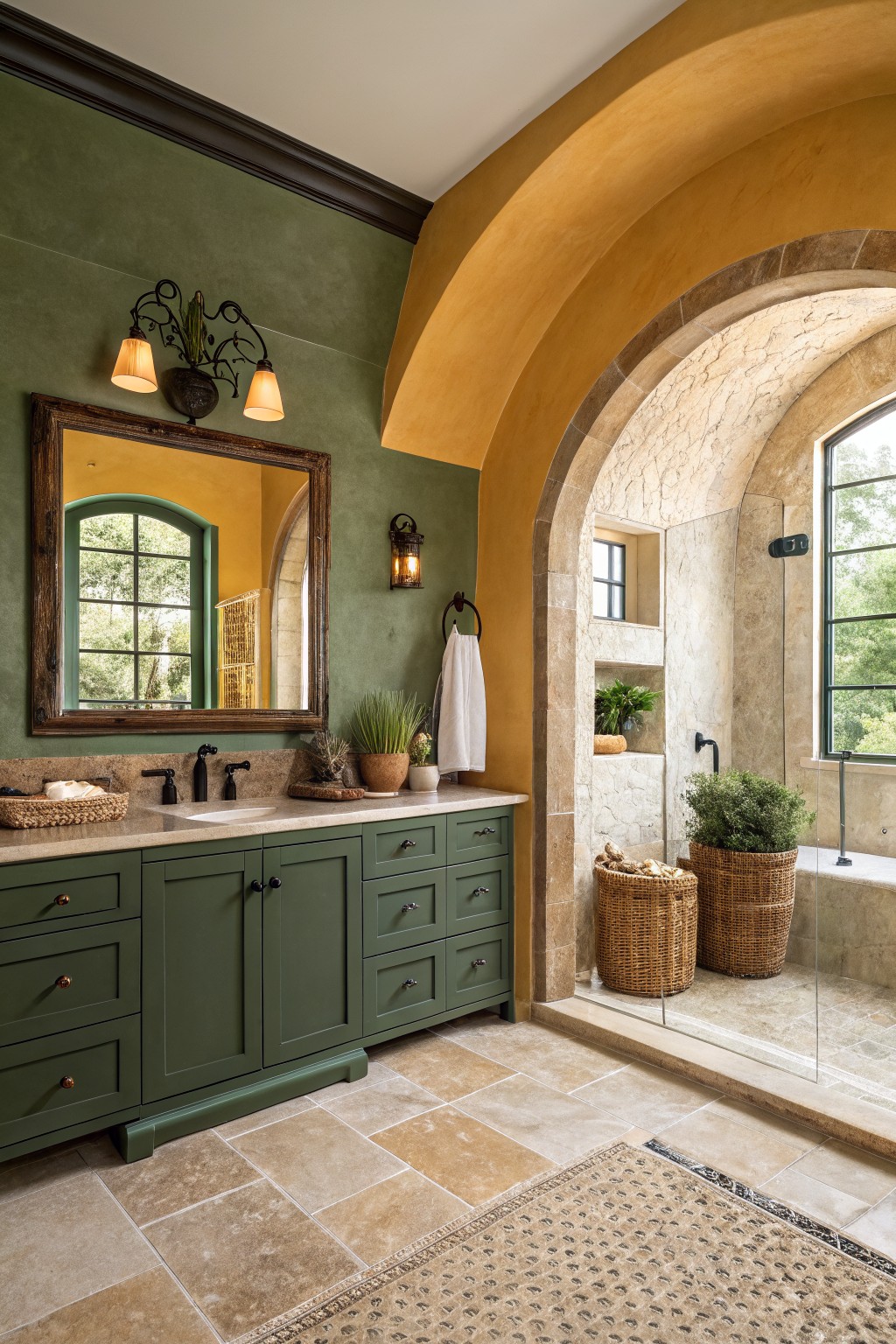 A bathroom featuring deep green painted walls and matching vanity.