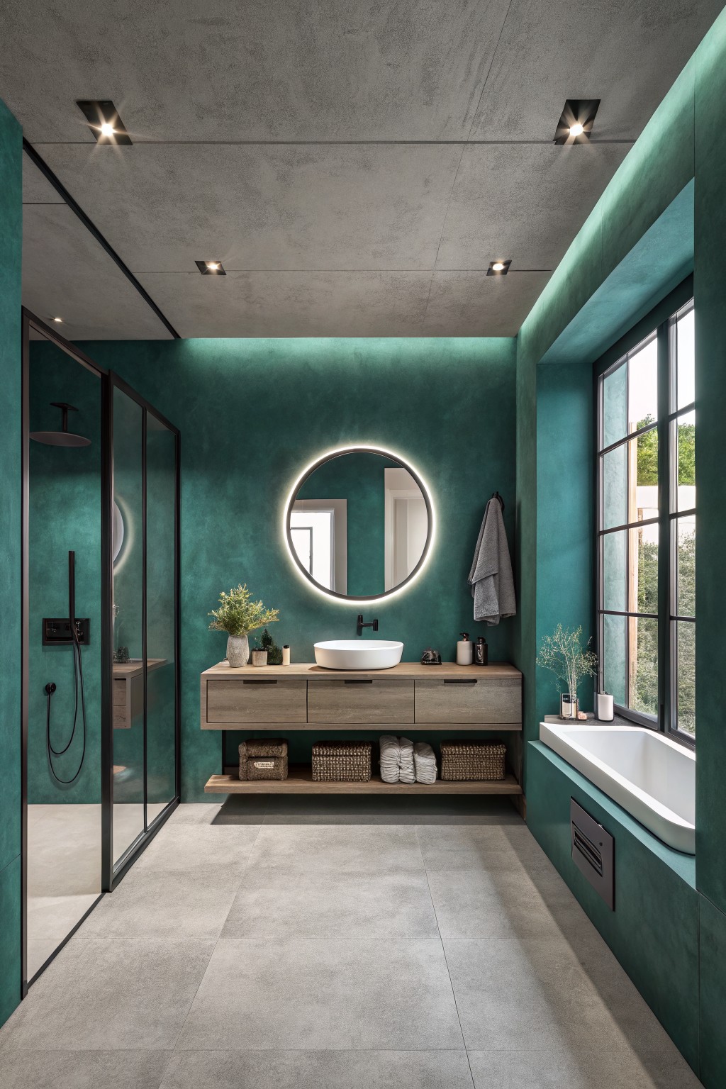 Dark teal green walls in a modern bathroom with wood vanity and floating sink.