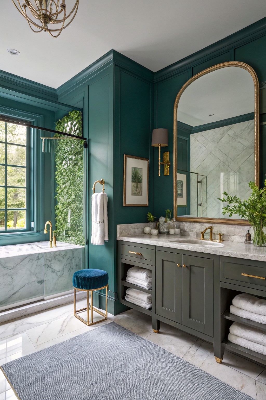 Luxurious bathroom with dark green walls, marble vanity, gold fixtures, and arched mirror.