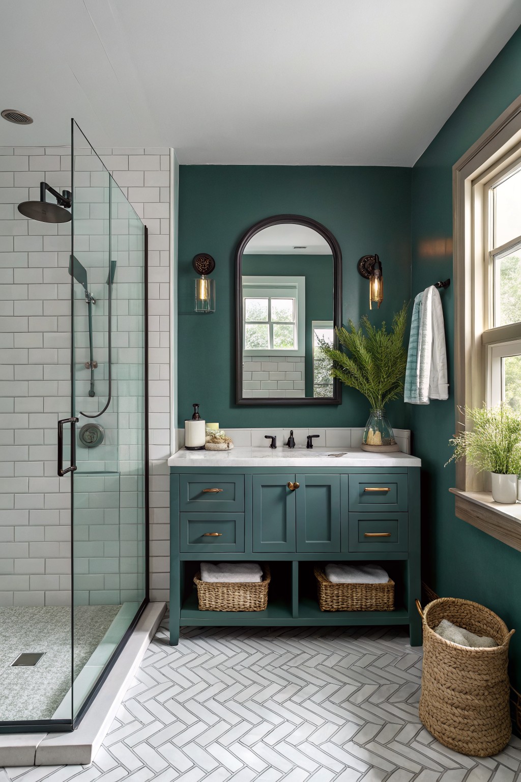 Bathroom walls painted in a deep teal green beside a white tiled shower.