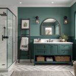 Bathroom walls painted in a deep teal green beside a white tiled shower.