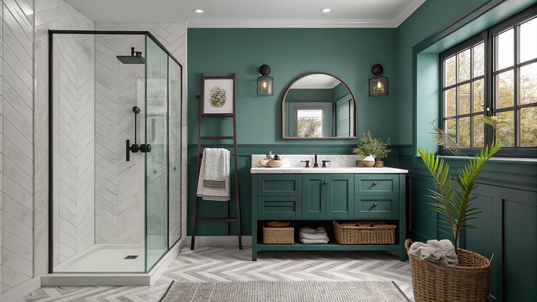 Bathroom walls painted in a deep teal green beside a white tiled shower.