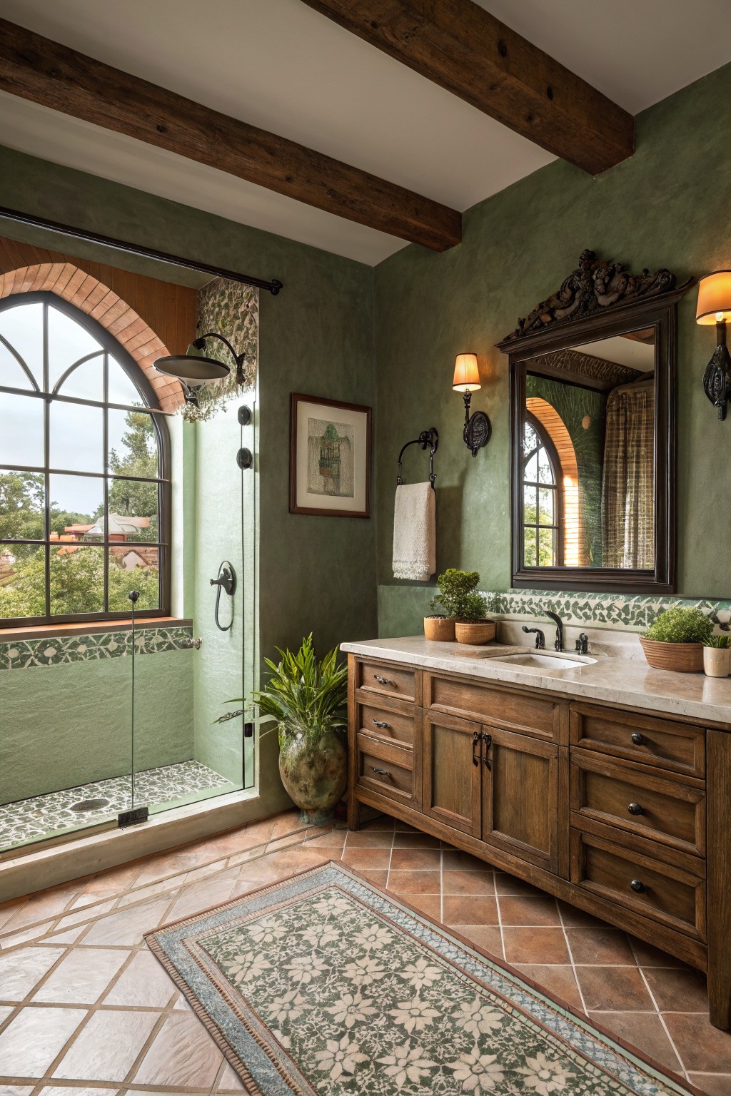 A bathroom with muted dark green walls and wood vanity.