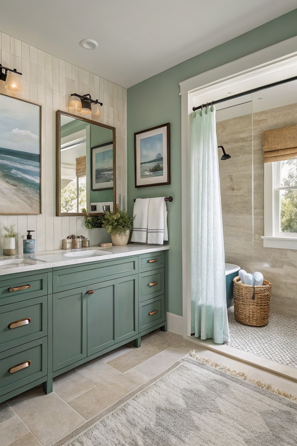 Modern bathroom with sage green vanity, marble sink, and mint shower curtain.