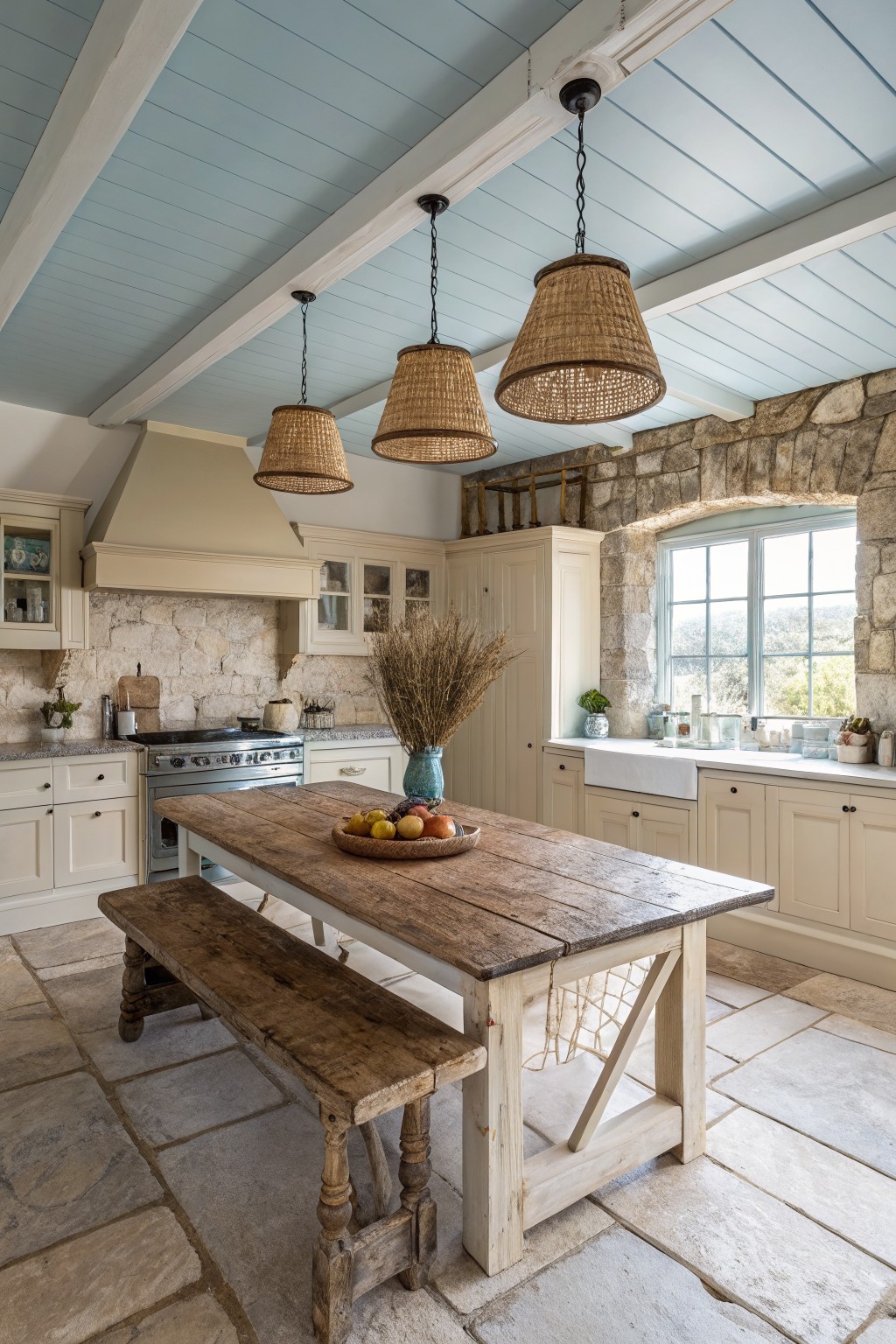 A kitchen with creamy white cabinets and a pale blue ceiling.