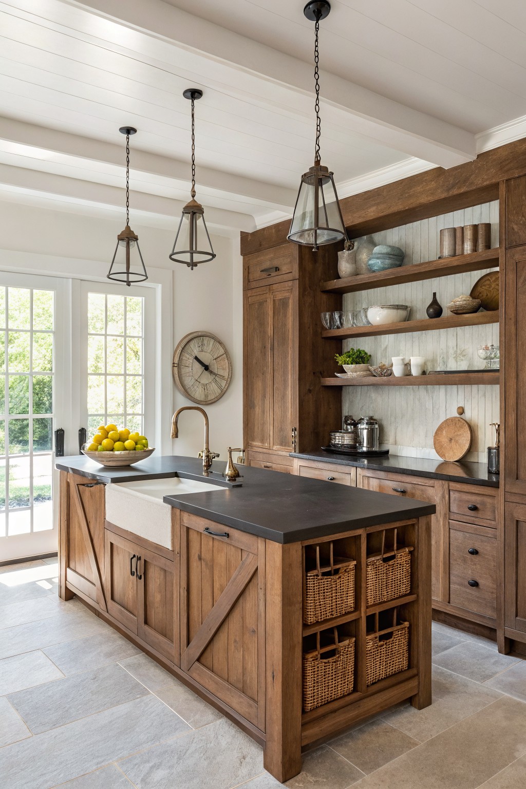 Warm off-white walls in a rustic kitchen with wood cabinetry.
