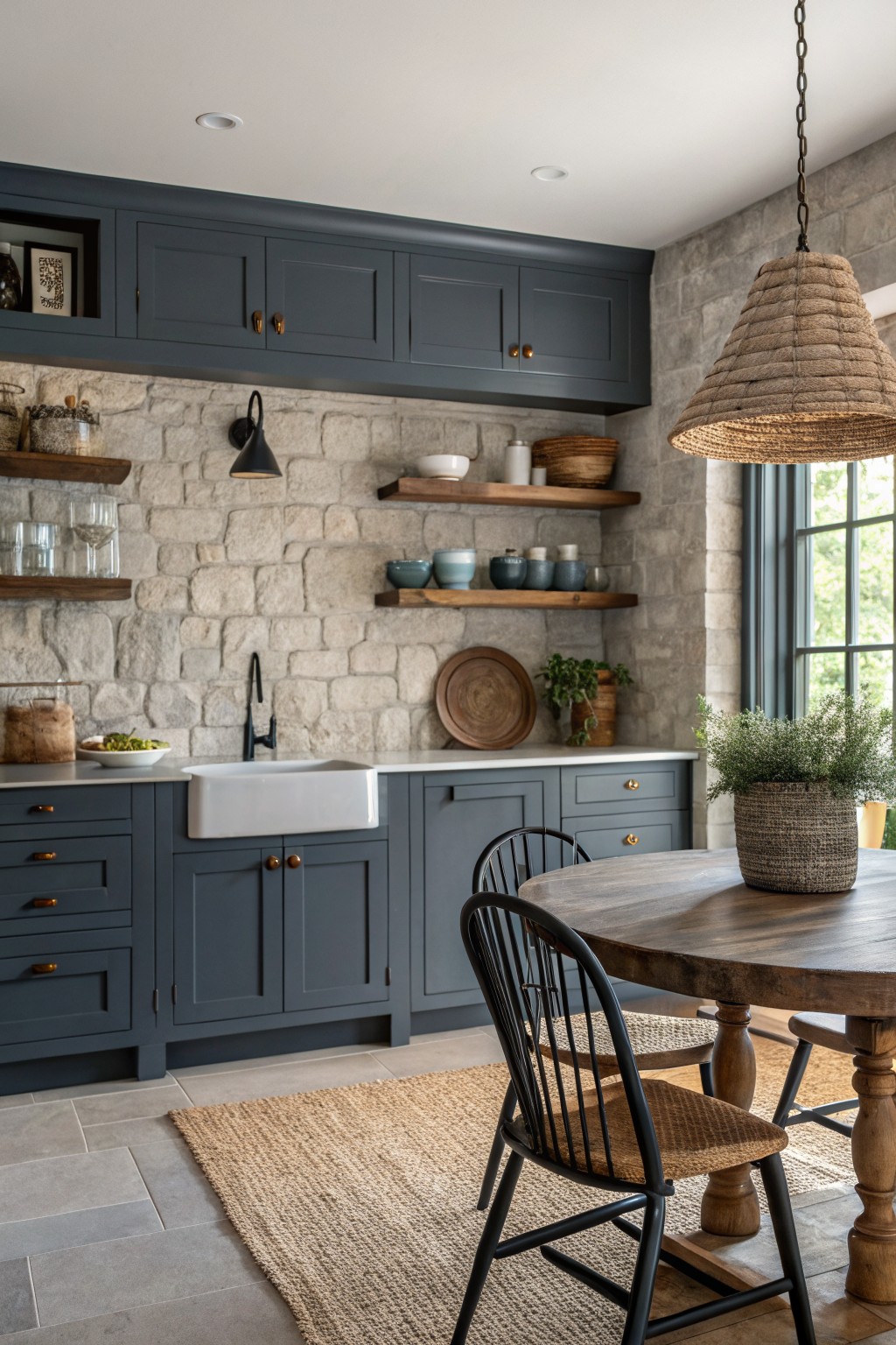 Dark blue kitchen cabinets, stone wall, white farmhouse sink, and wooden dining table.