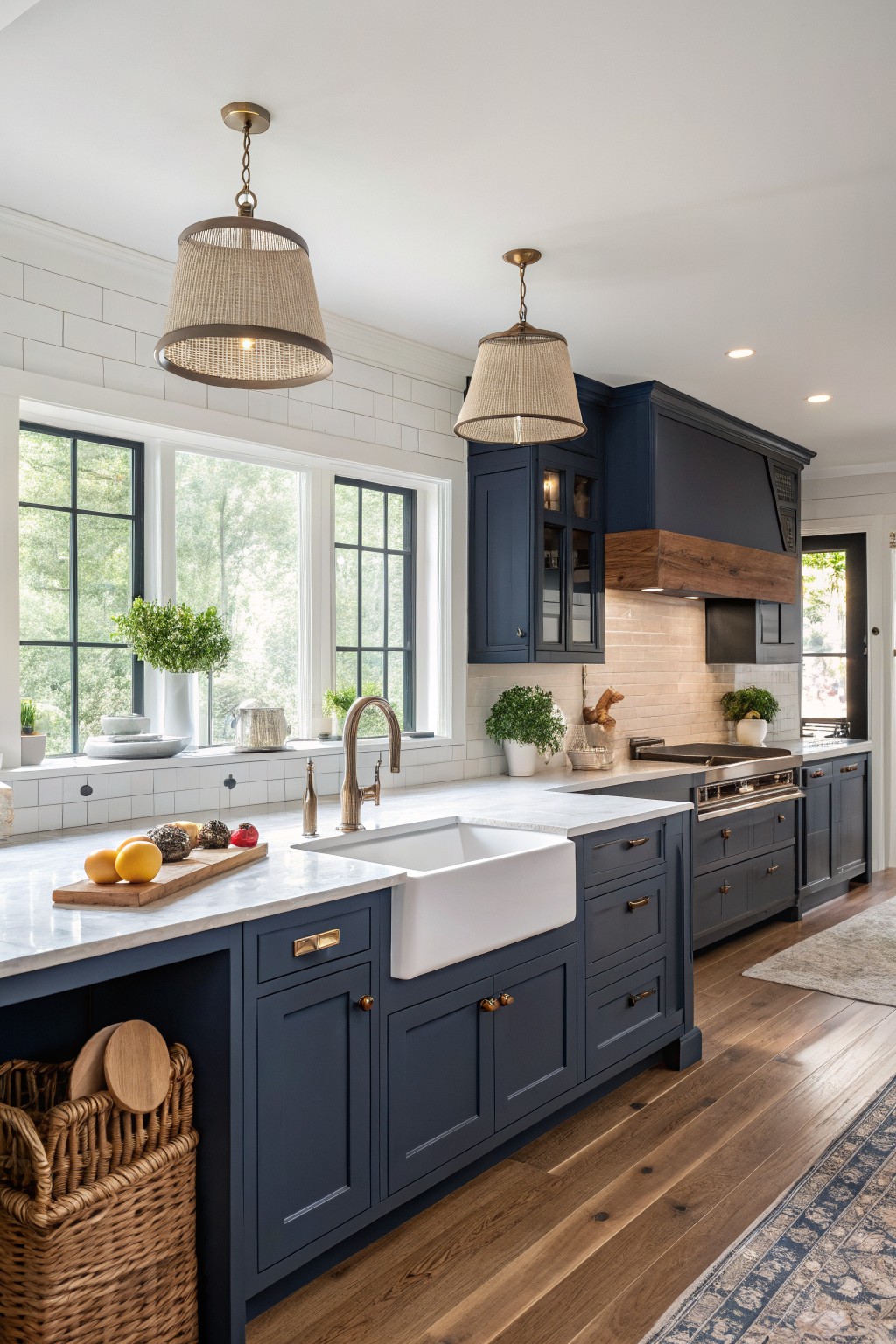 Navy blue cabinets in a bright farmhouse kitchen with white countertops and wood floors.