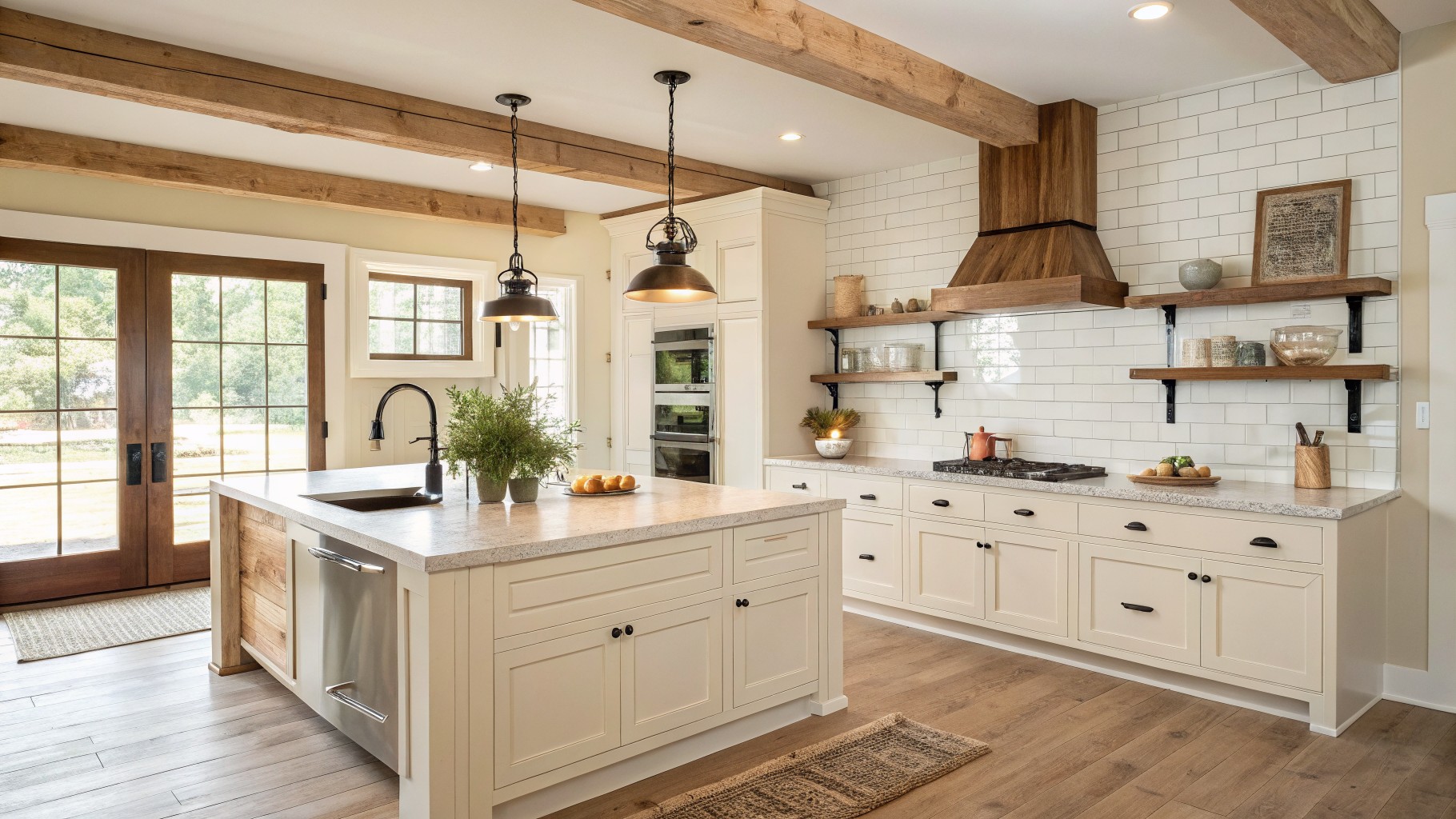 Bright yellow farmhouse kitchen with white cabinets, wooden beams, and apron sink.
