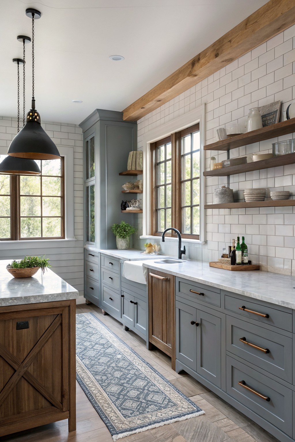 Gray kitchen cabinets with a soft blue undertone in a modern farmhouse kitchen.