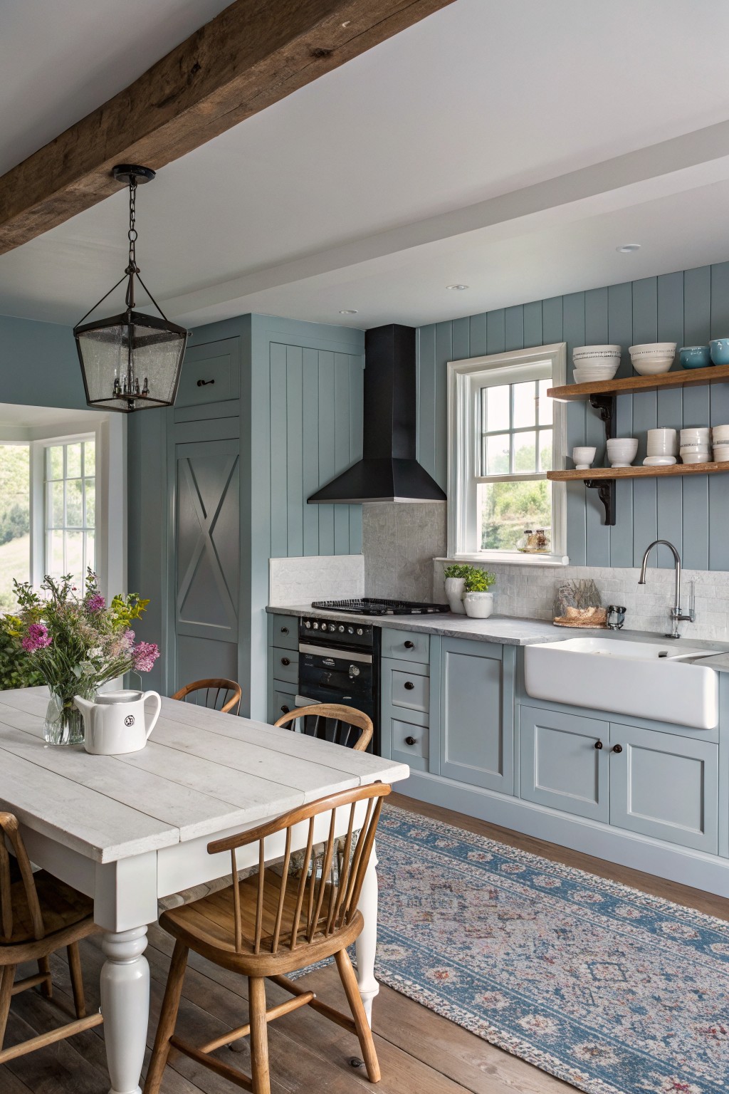 Rustic blue kitchen with white farmhouse sink, wooden table, and floral bouquet.