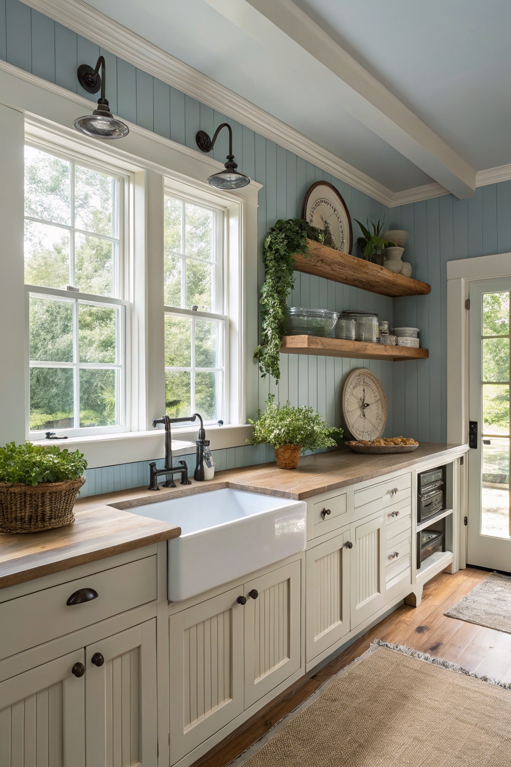 A kitchen with soft blue gray walls, white cabinets, and wooden countertops.