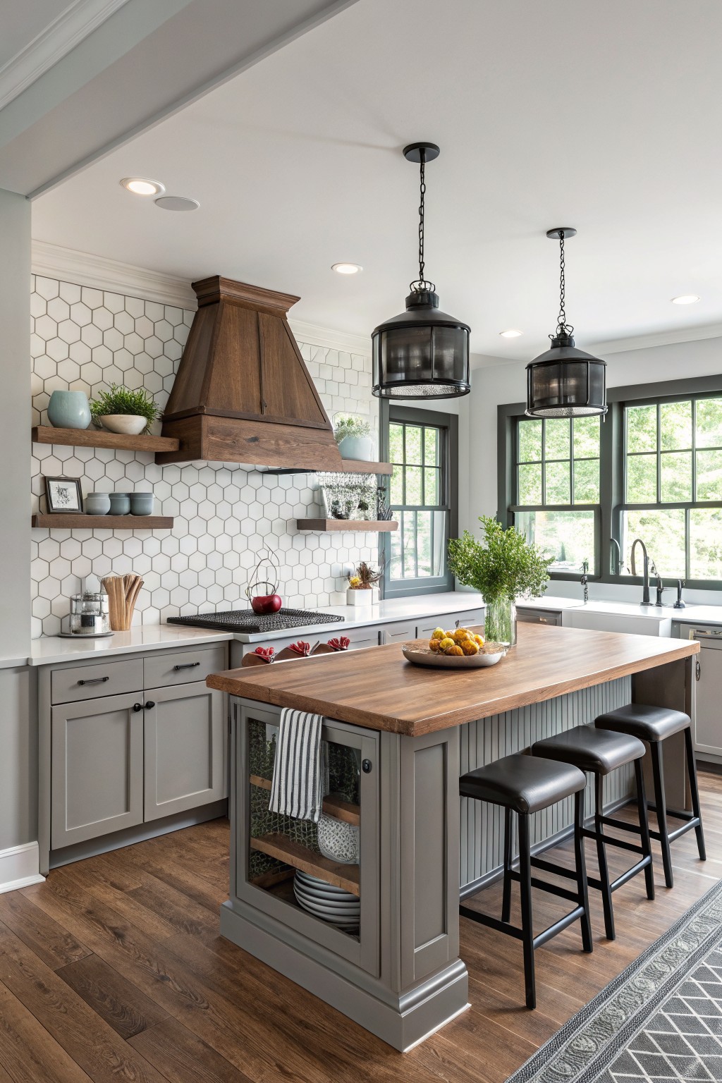 Gray painted cabinets in a farmhouse kitchen with a wood island top.