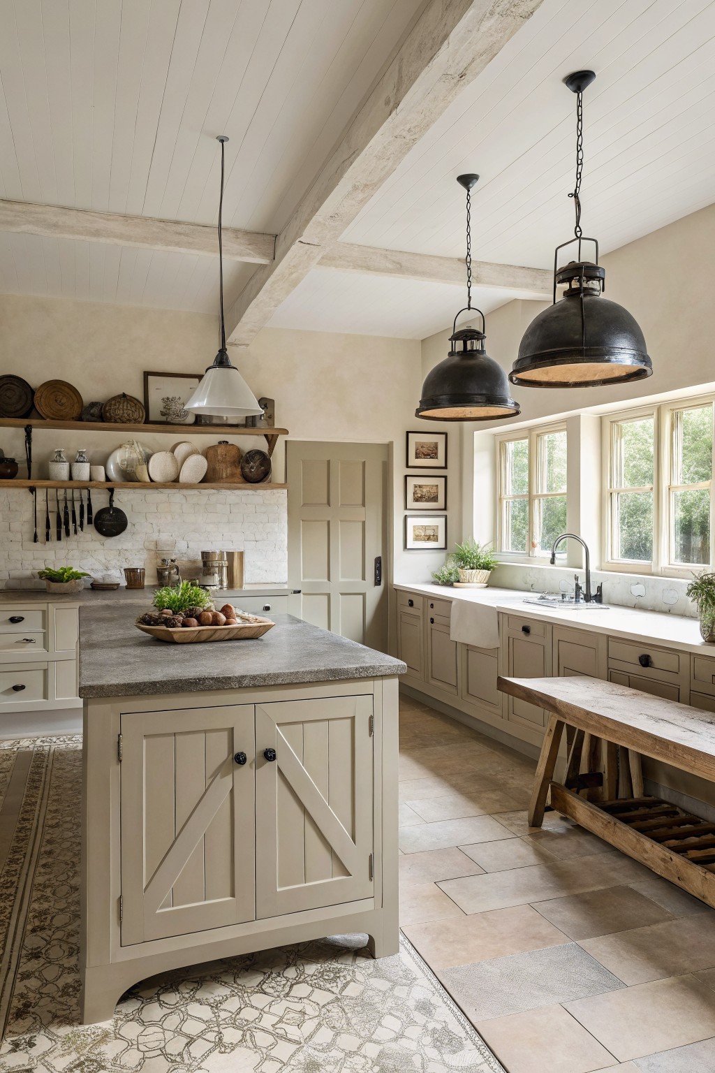 Farmhouse kitchen with soft greige cabinets and a concrete island.