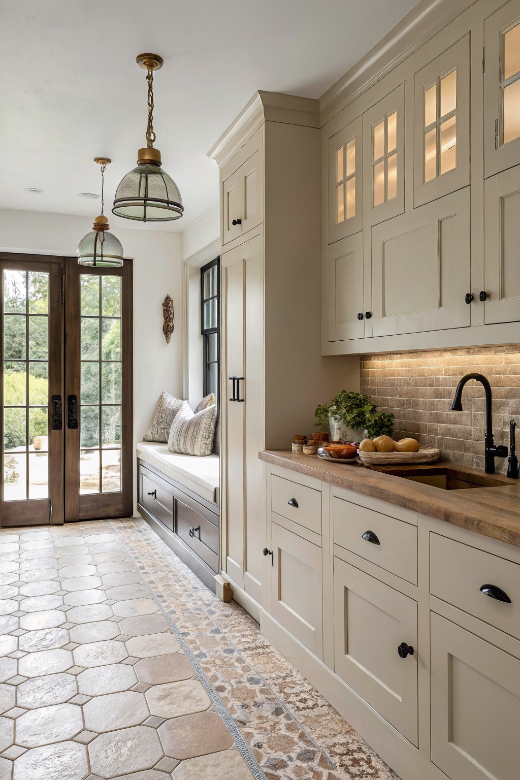Light greige cabinets in a farmhouse kitchen with wood countertops.