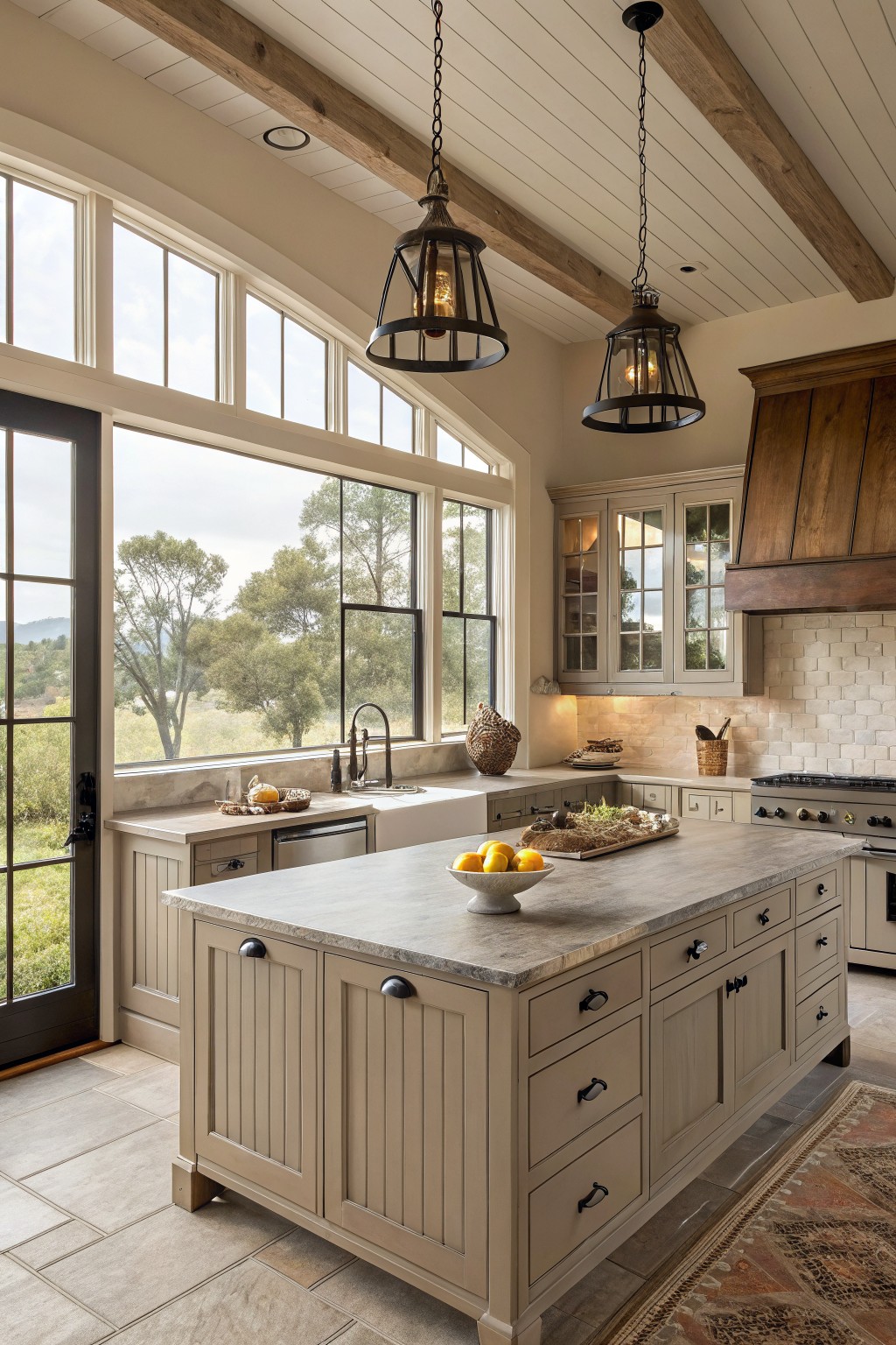 A farmhouse kitchen with soft greige cabinets and a large island.