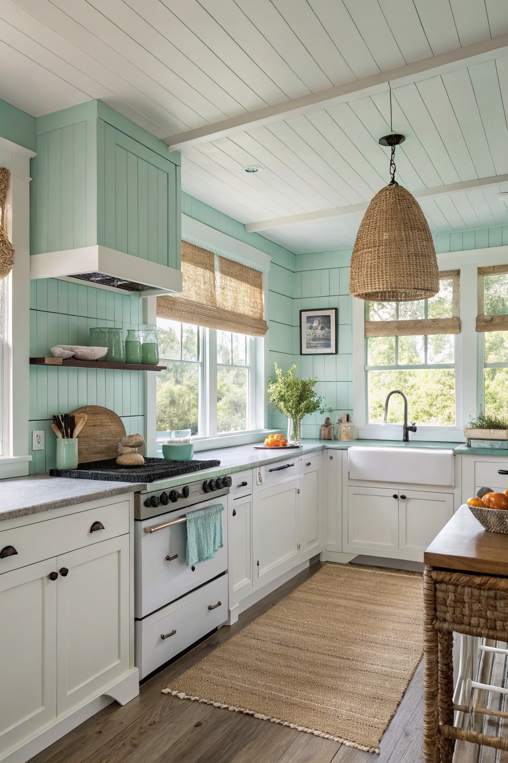 Mint green kitchen with white cabinets, farmhouse sink, woven light, and jute rug.