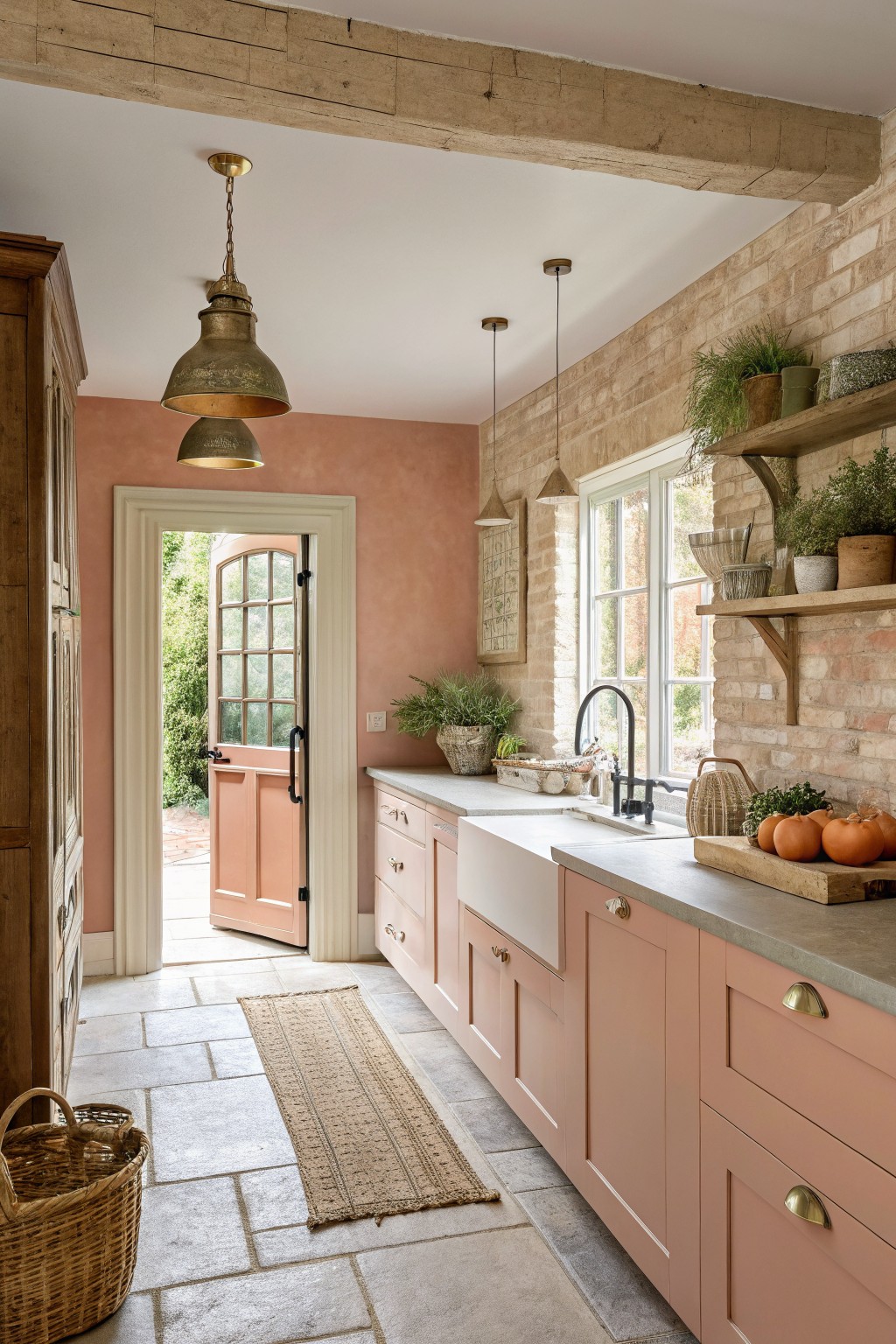 Peach painted cabinets in a rustic kitchen with stone flooring.