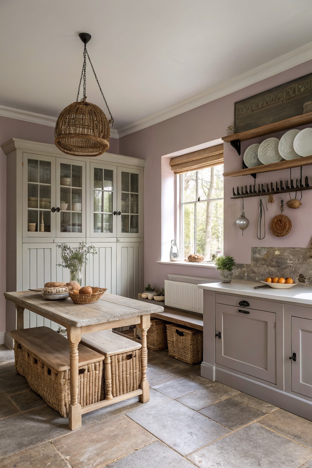 A farmhouse kitchen with soft rose walls and a wooden table.