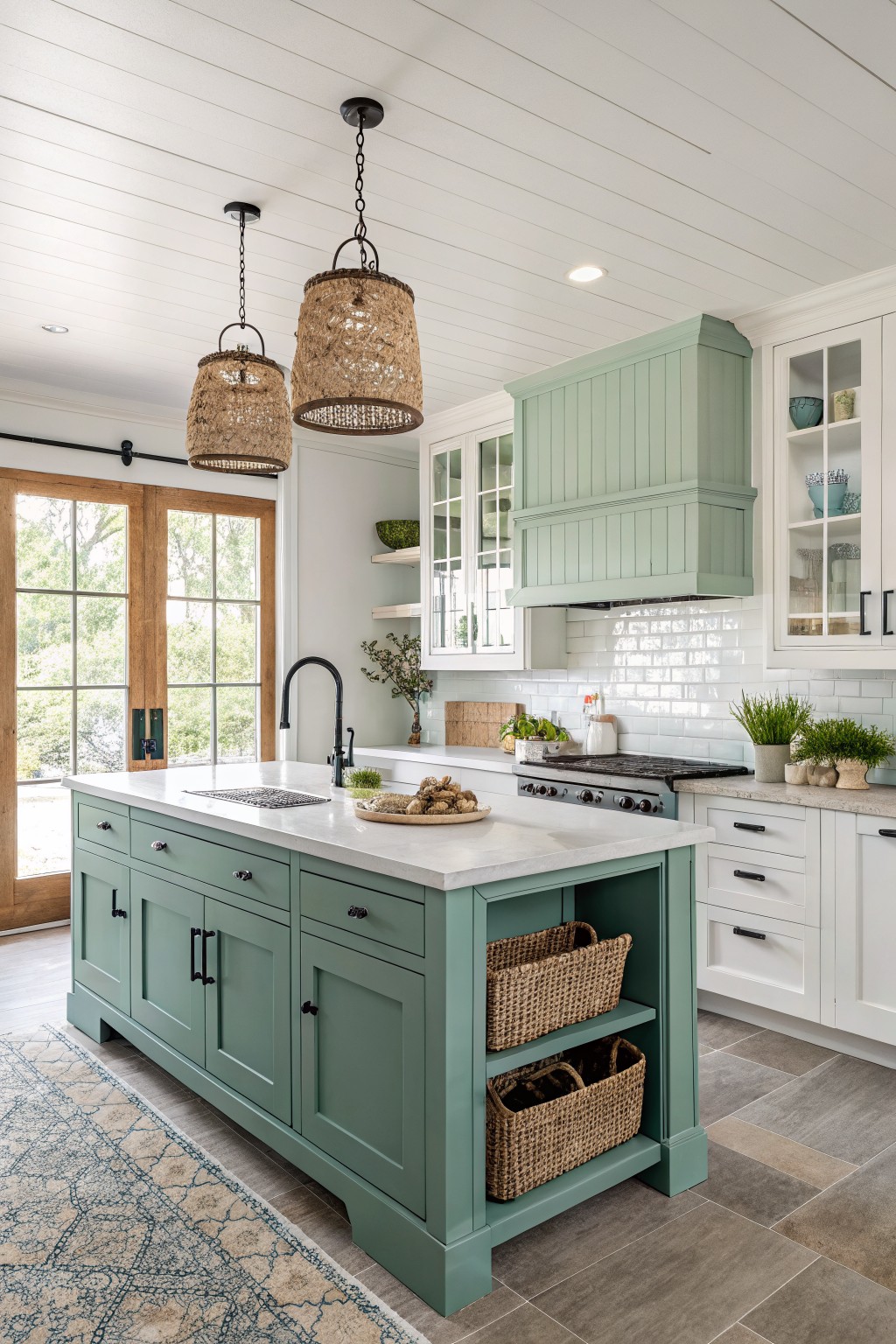 Sage green kitchen island and range hood in a modern farmhouse kitchen.