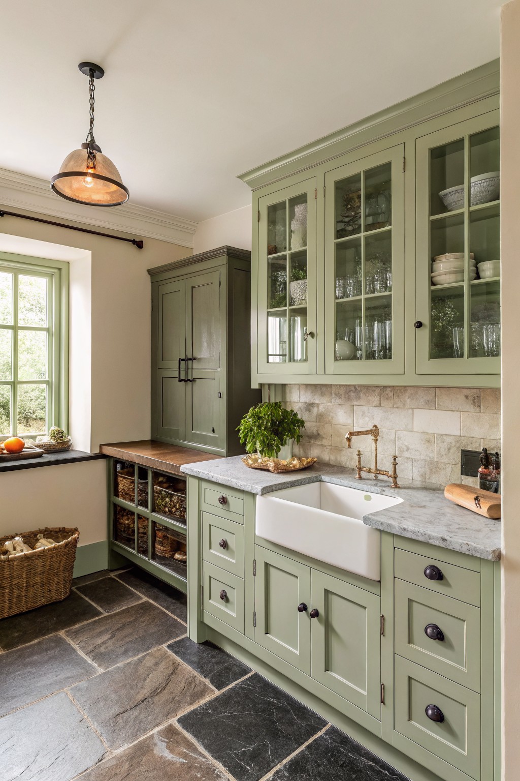 Sage green kitchen cabinets with a farmhouse sink and stone countertops.