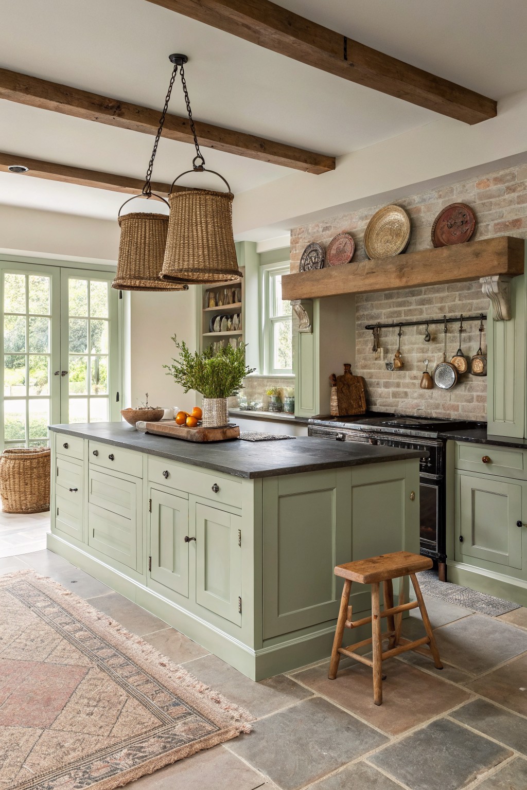 Sage green cabinets in a farmhouse kitchen with a dark countertop and brick backsplash.