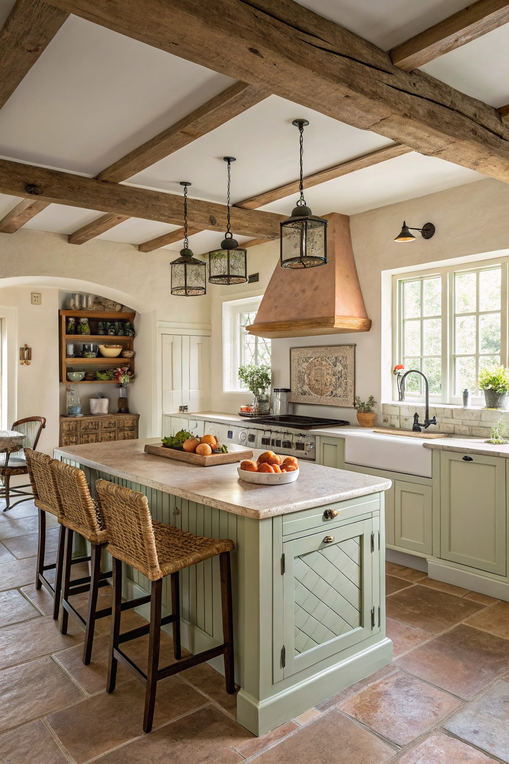 Soft sage green cabinets on a kitchen island with wood beams overhead.