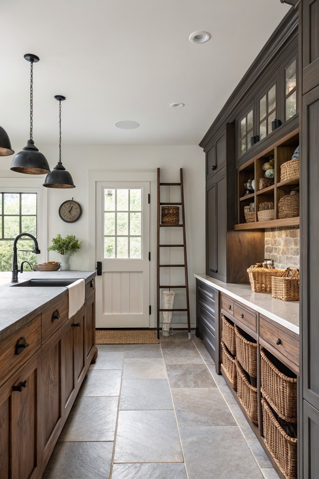 White walls in a farmhouse kitchen with dark wood cabinetry and open shelving.