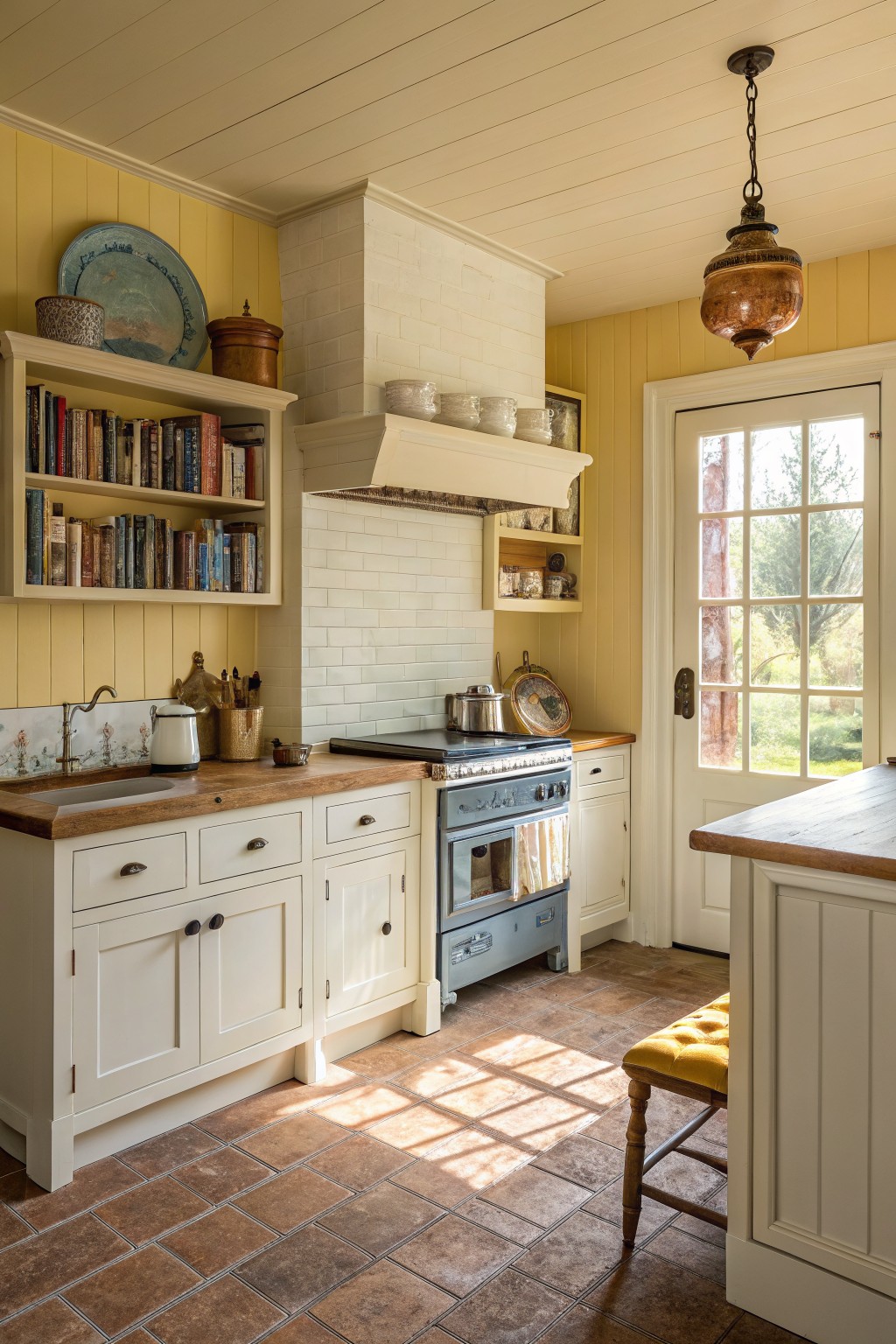 Pale yellow walls in a farmhouse kitchen with white cabinets and wood counters.