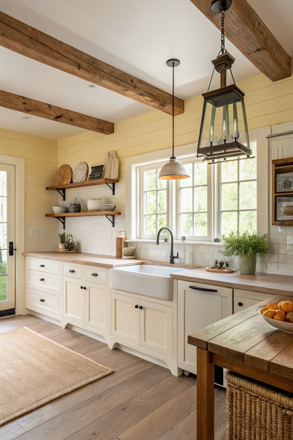 Bright yellow farmhouse kitchen with white cabinets, wooden beams, and apron sink.