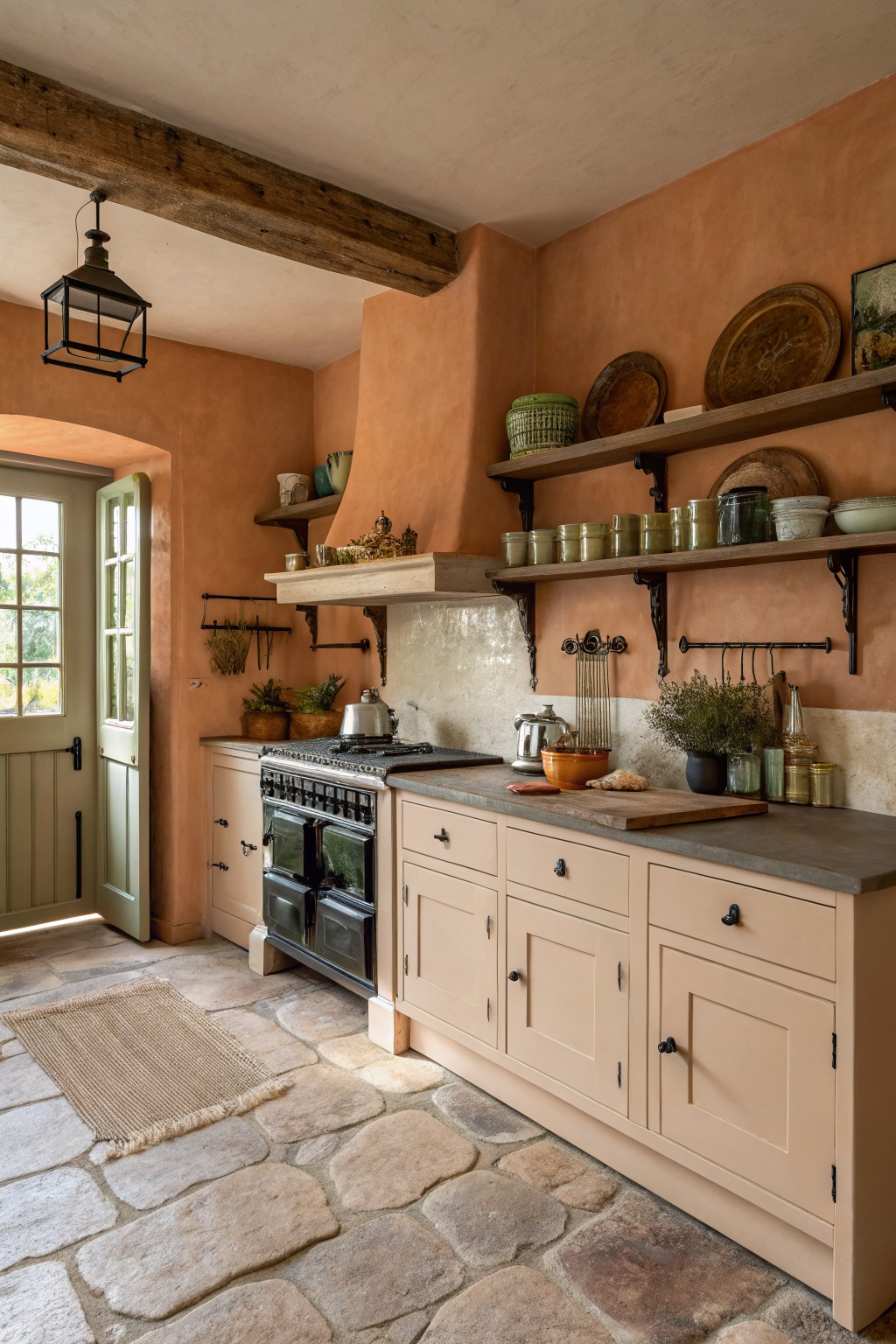 A farmhouse kitchen with warm terracotta walls and beige cabinetry.