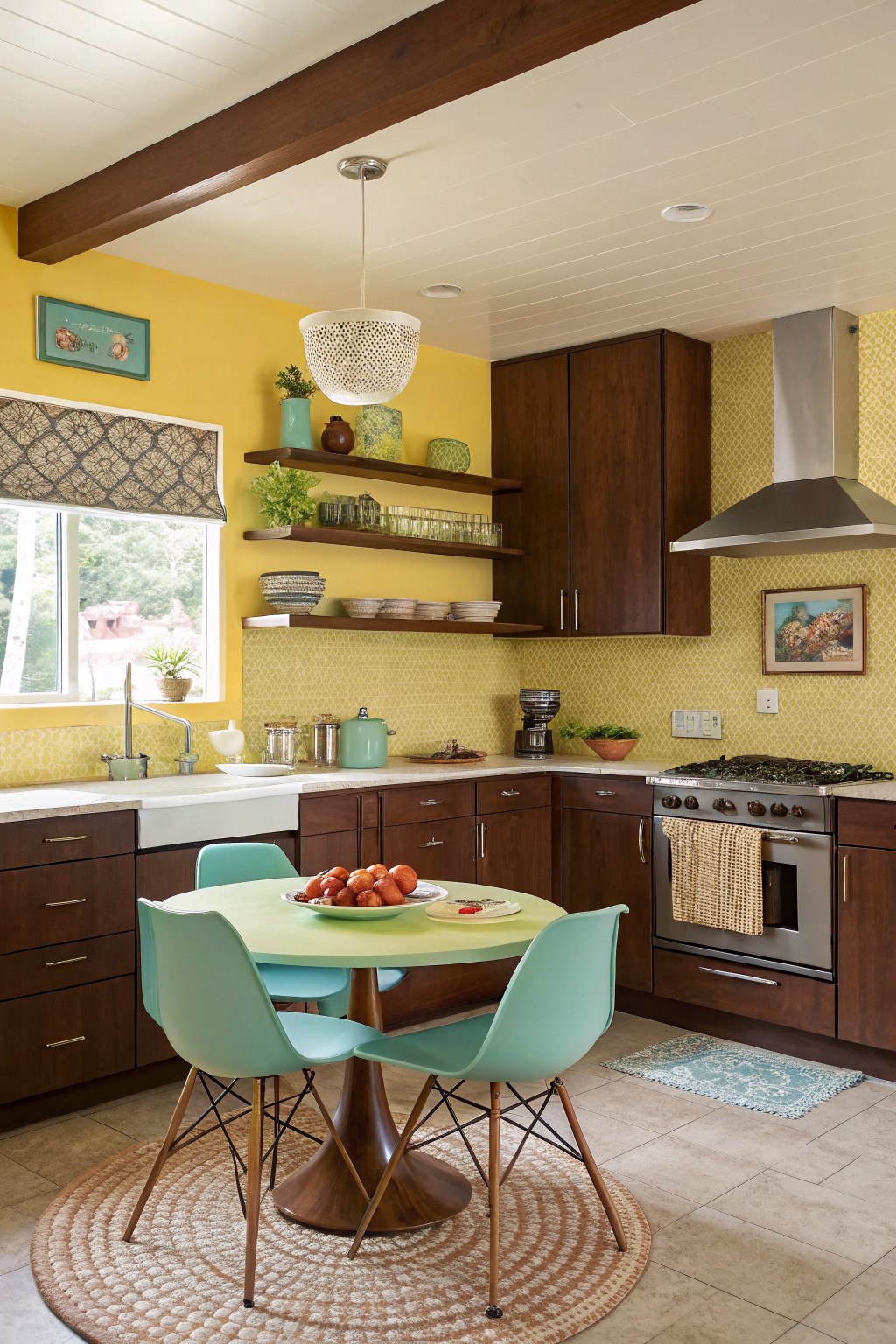 Yellow walls paired with dark wood cabinets in a kitchen.