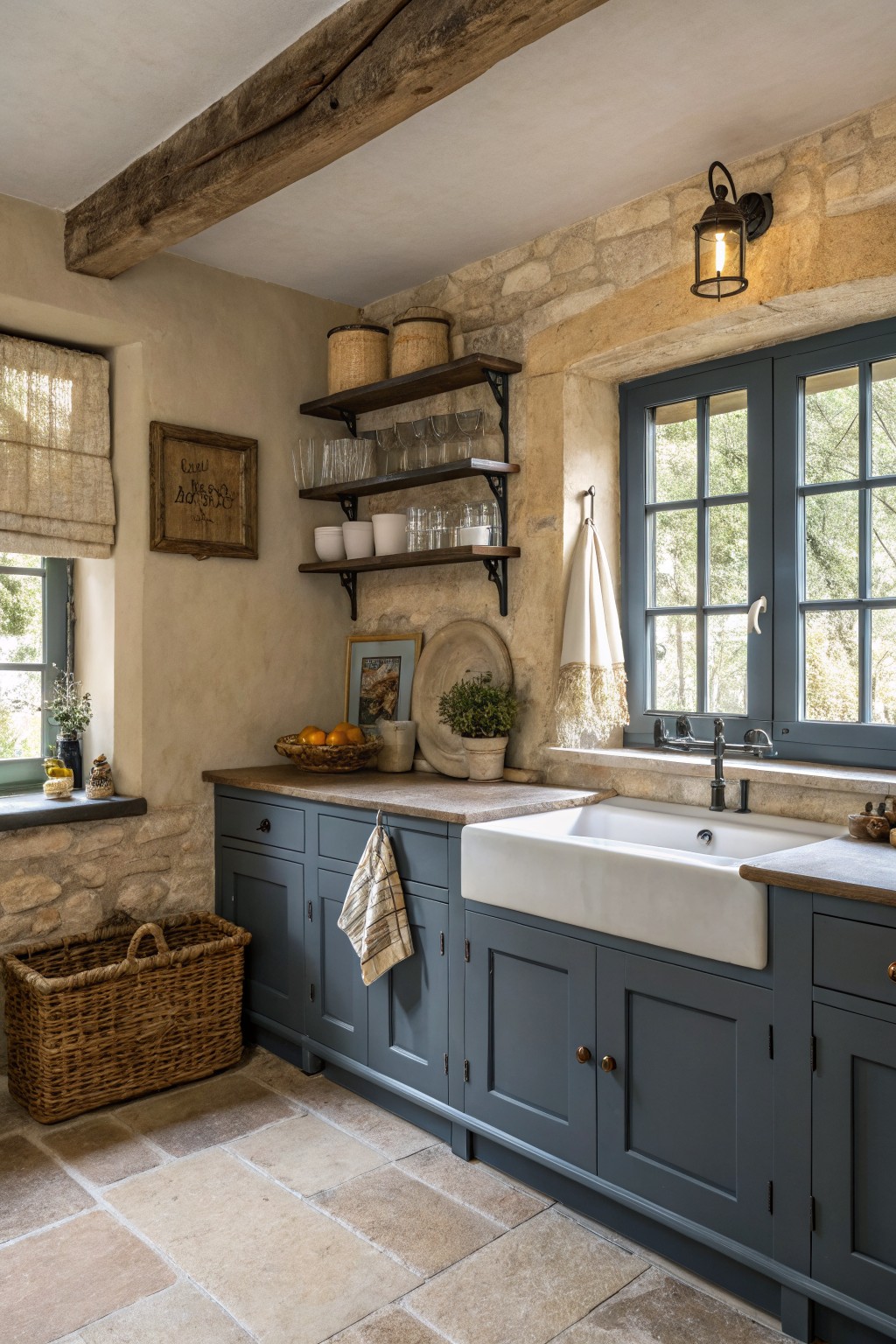 Dark blue gray cabinets in a rustic kitchen with a white farmhouse sink.