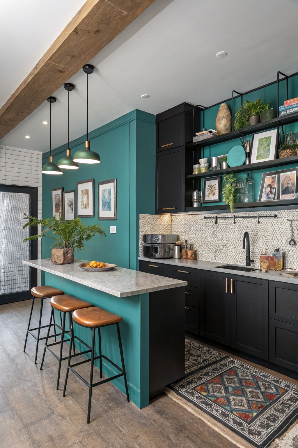 Teal walls paired with black cabinets in a kitchen.