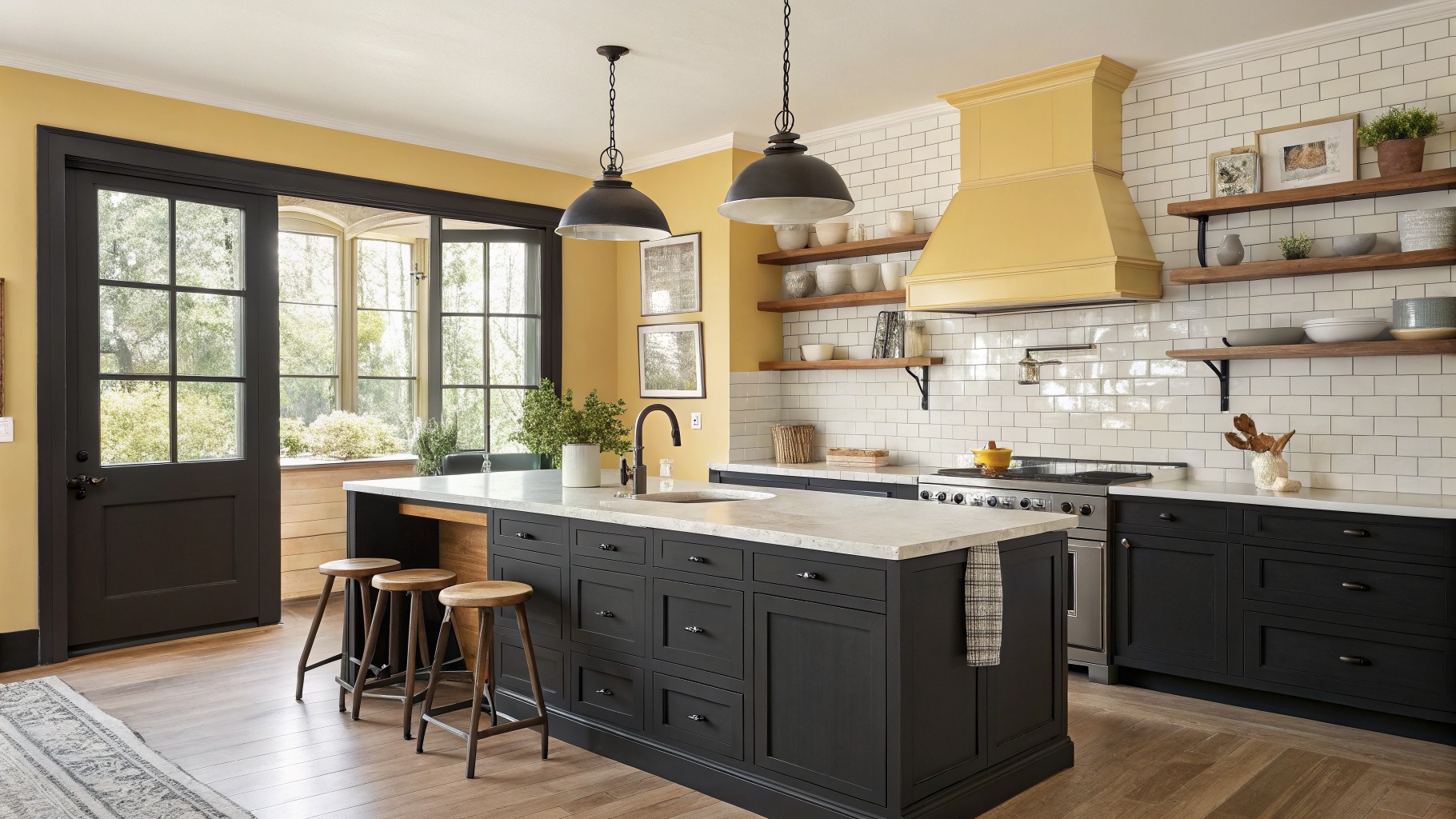 Yellow walls in a kitchen with dark cabinets and a central island.