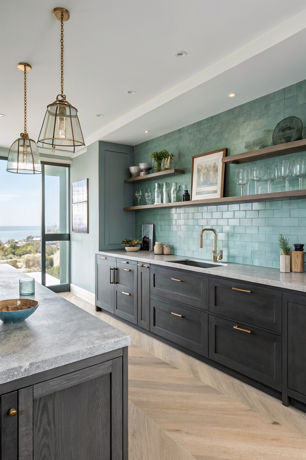 Kitchen with muted teal walls and dark cabinets.