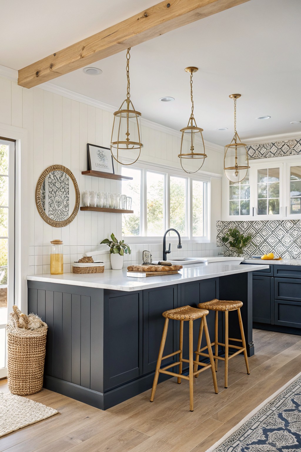Dark navy cabinets form a kitchen island topped with white marble.